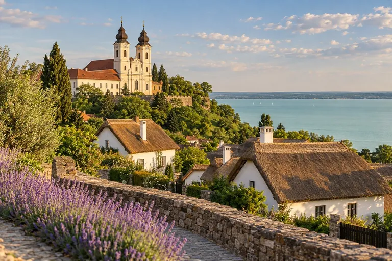 Opatija Tihany s dva tornja iznad Balatona, u prvom planu lavanda i kuće sa slamnatim krovom