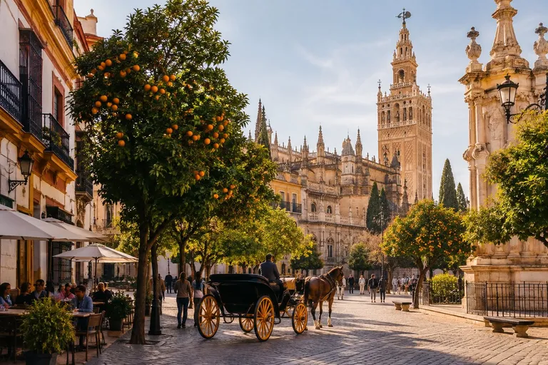 Trg s narančama i kočijom s konjem, u dnu katedrala i zvonik Giralda