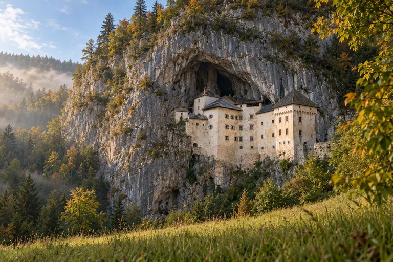 Predjamski grad u otvoru špilje na okomitoj stijeni iznad šume