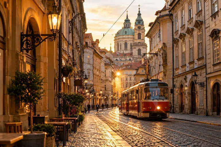 Crveni tramvaj u kaldrmisanoj ulici, u dnu zelena kupola i zvonik crkve sv. Nikole