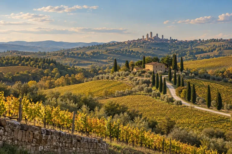 Brežuljci s vinogradima, maslinicima i čempresima uz put, na obzoru kule San Gimignana